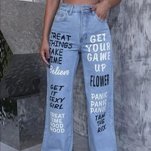 High waist slogan graphic wide leg jeans